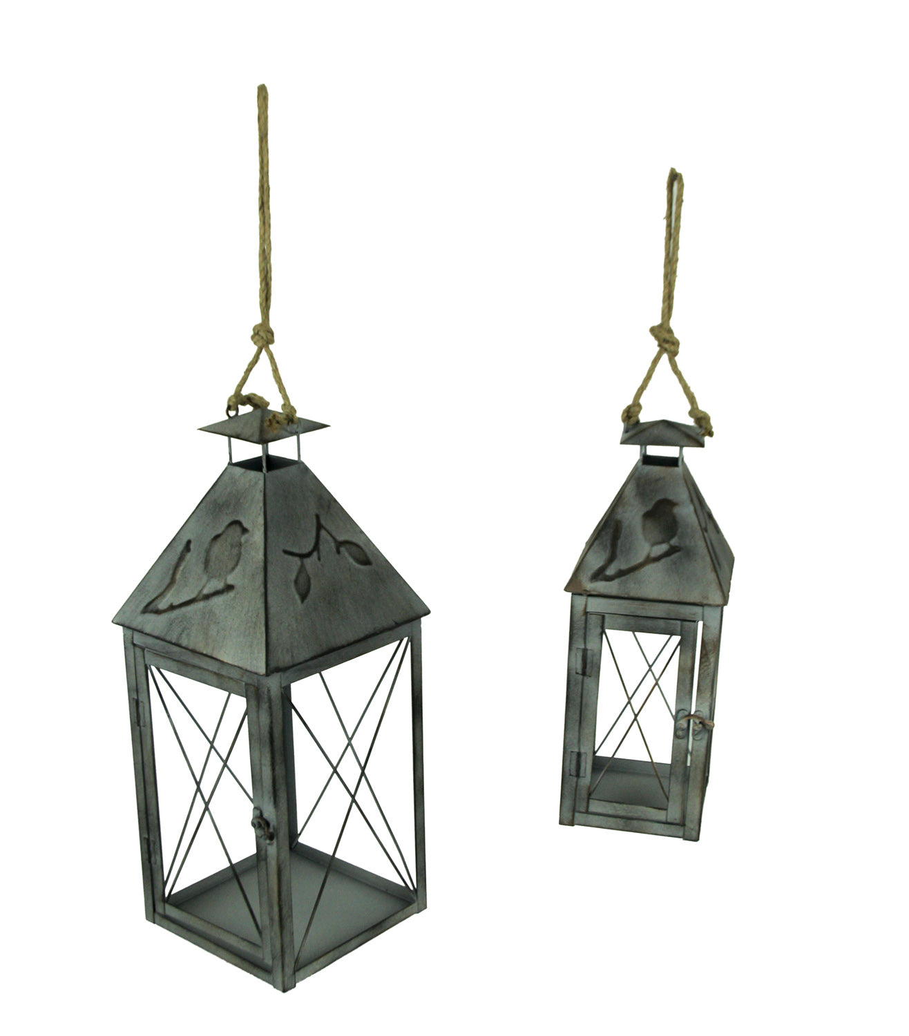 Zeckos Vintage Grey Metal Bird On Branch Square Candle Lantern Set of 2