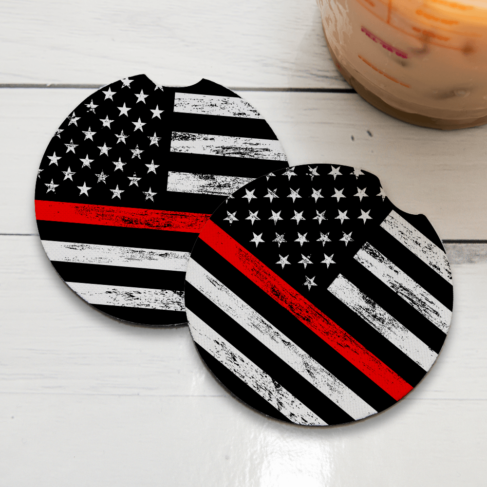 Thin Red Line | Car Coasters for drinks Set of 2 | Car Coaster measures 2.56 inches with rubber backing.