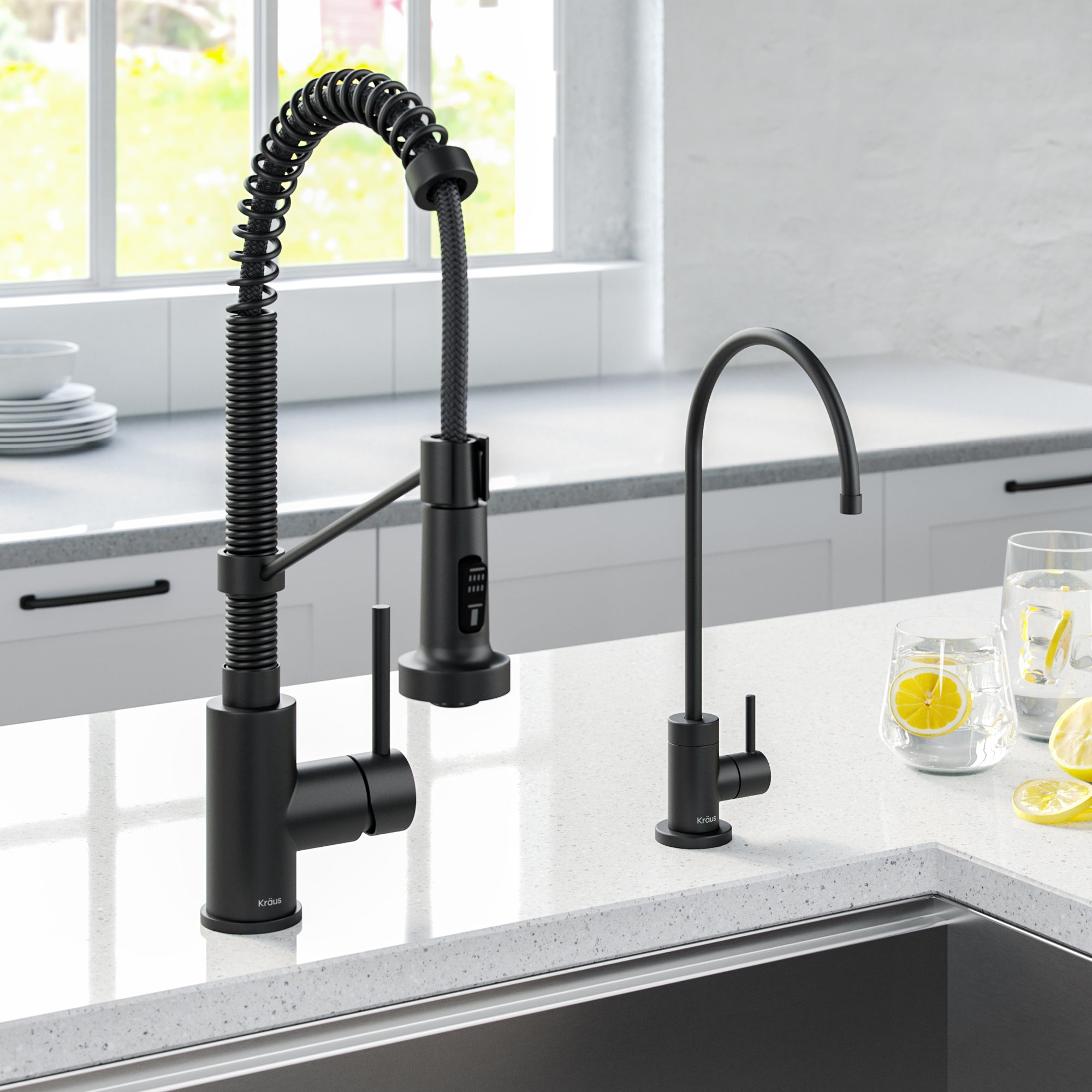 KRAUS Bolden Commercial Style Pull-Down Kitchen Faucet and Purita Water Filter Faucet Combo in Matte Black