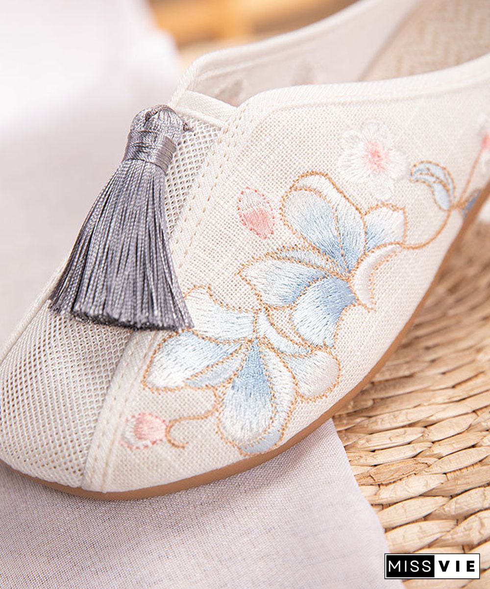 White Flat Slide Sandals Linen Fabric Chic Embroidery Tassel