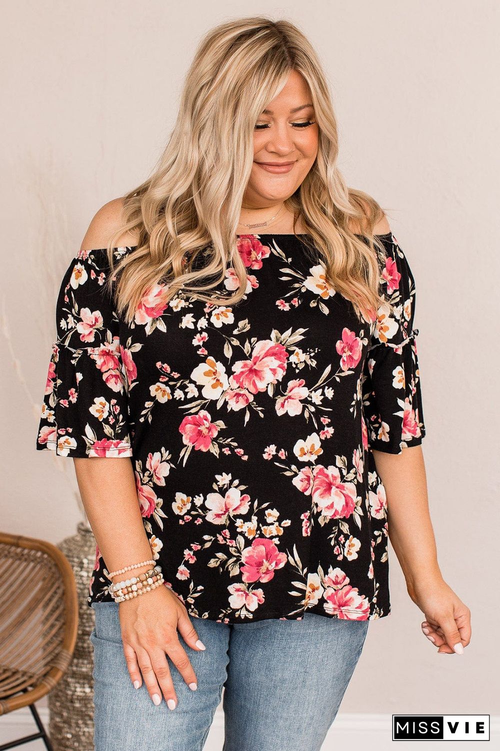 Black Floral Print Off Shoulder Plus Size Blouse