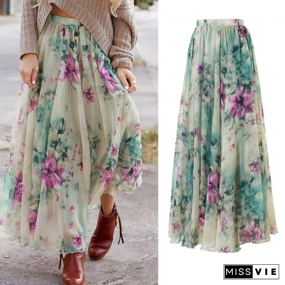 Women Floral Print Jersey Gypsy Long Maxi Skirt Summer Beach Sundress Beach