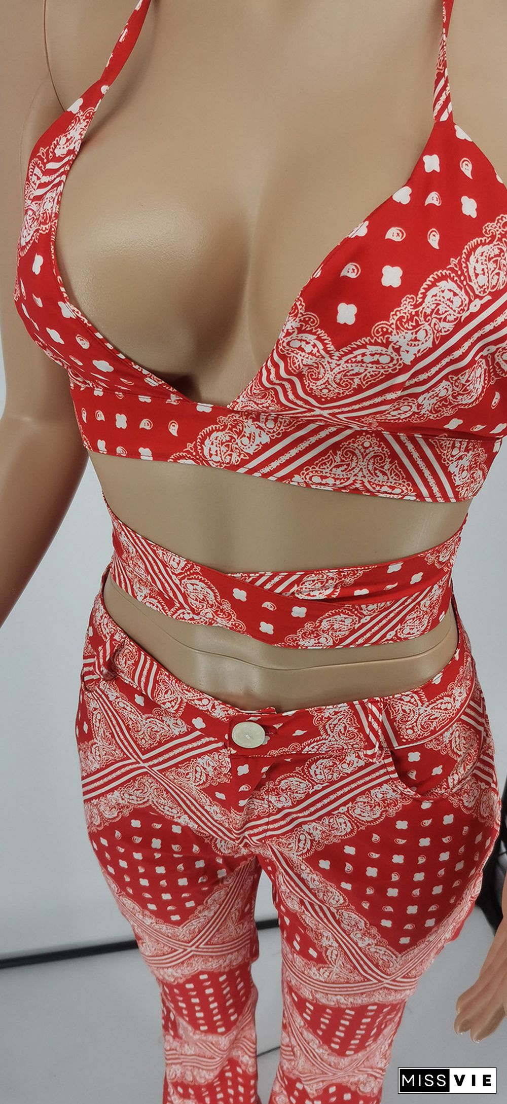 Summer Print Bandage Halter Bra Tops Pants 2 Piece Sets