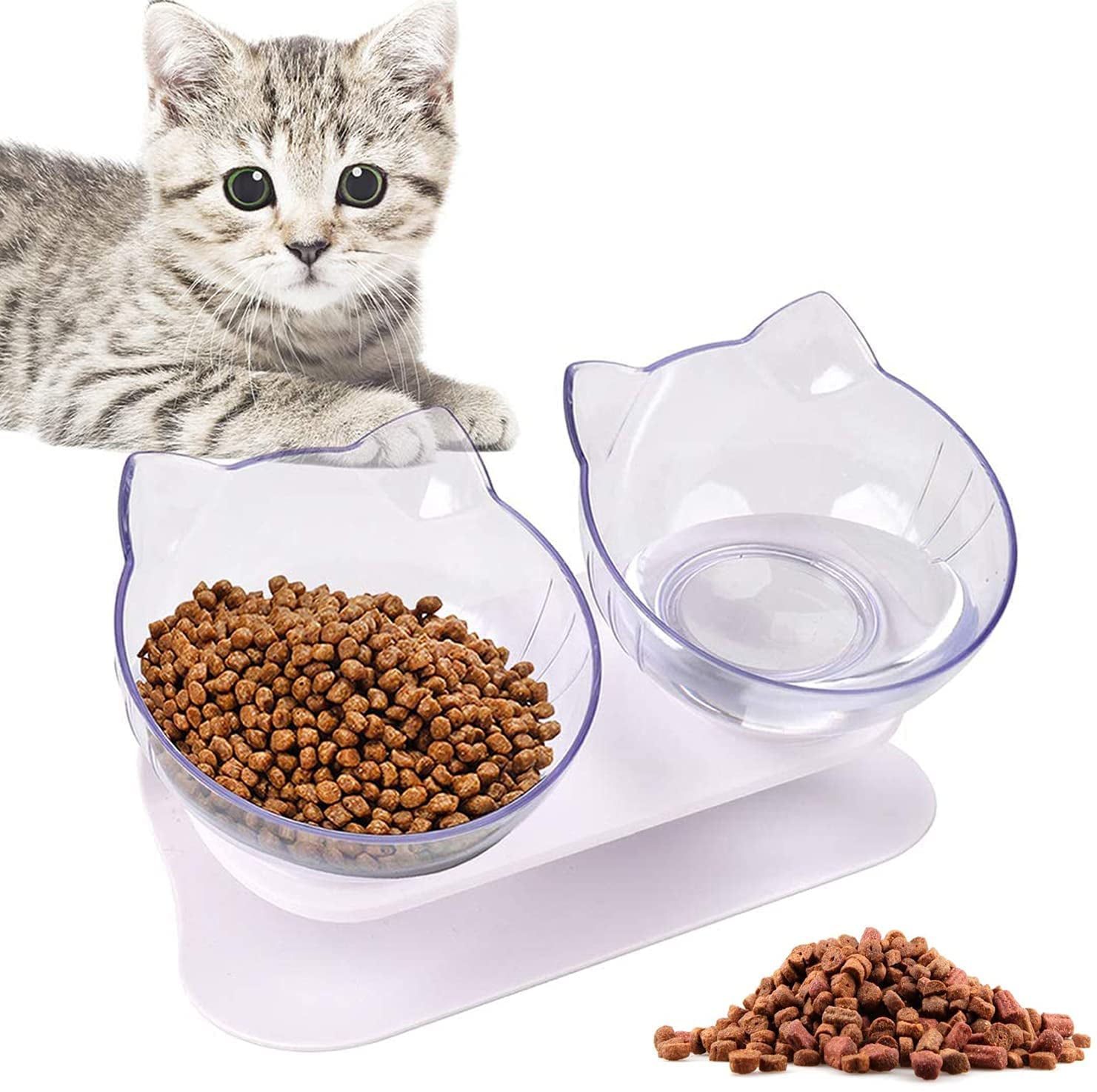 WELLXUNK® Cat Feeding Bowls, Cat Food Bowl With Raised Stand, 15°Tilted Anti-Slip Cat Bowl, Detachable, Non-Slip and Splash-Proof, For Food and Water Feeder, For Cats And Puppies (Transparent)