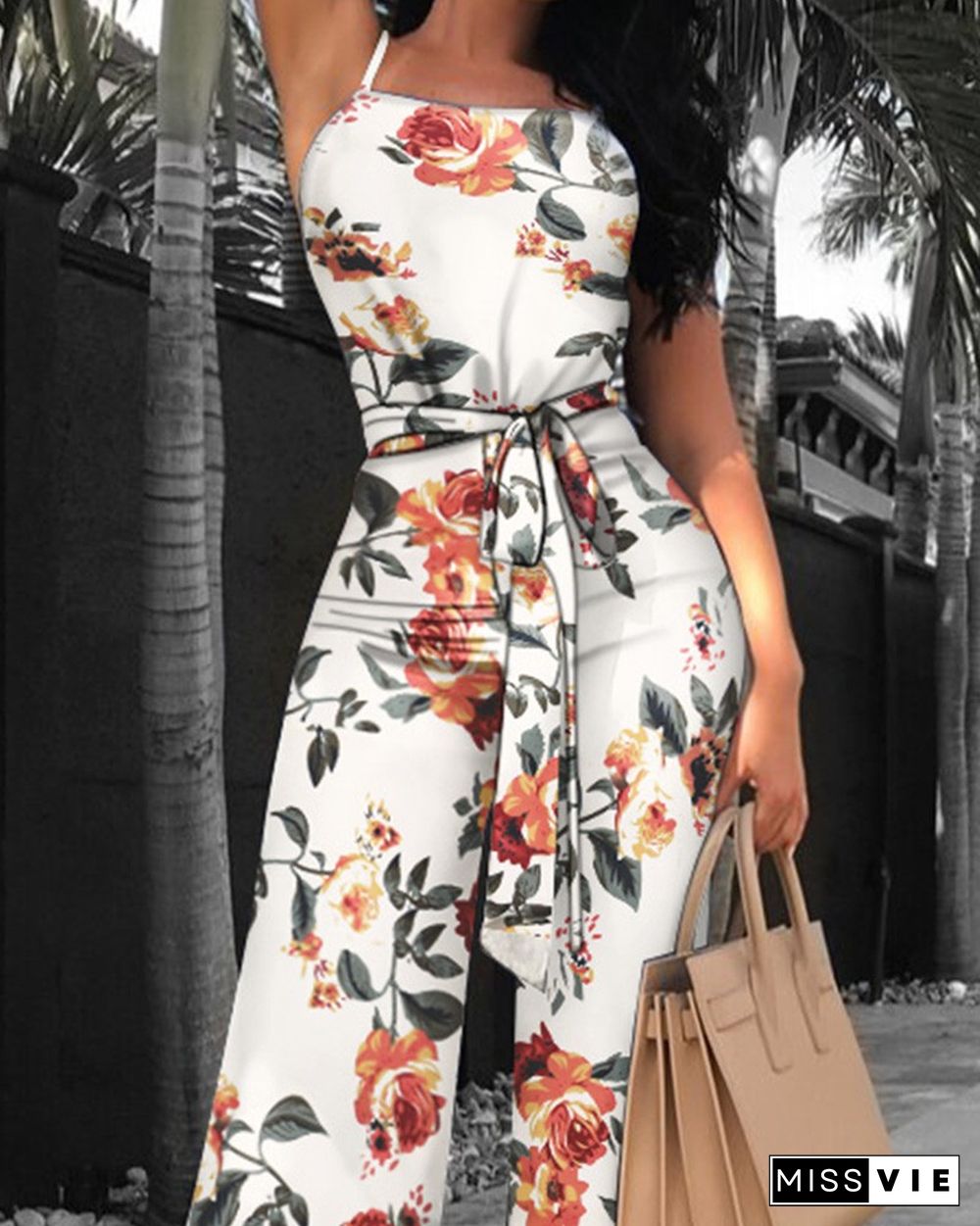 Print Floral Belted Wide Leg Jumpsuit