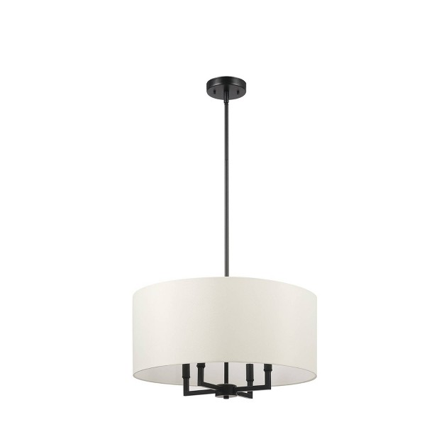 4 light Matte Black Chandelier With Beige Fabric Shade Globe Electric