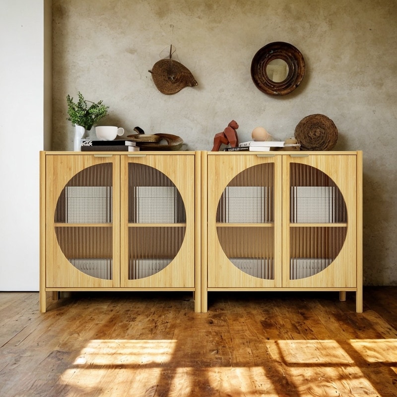 Bamboo 2 door cabinet  Set of 2  Buffet Sideboard Storage Cabinet for Living Room  Kitchen