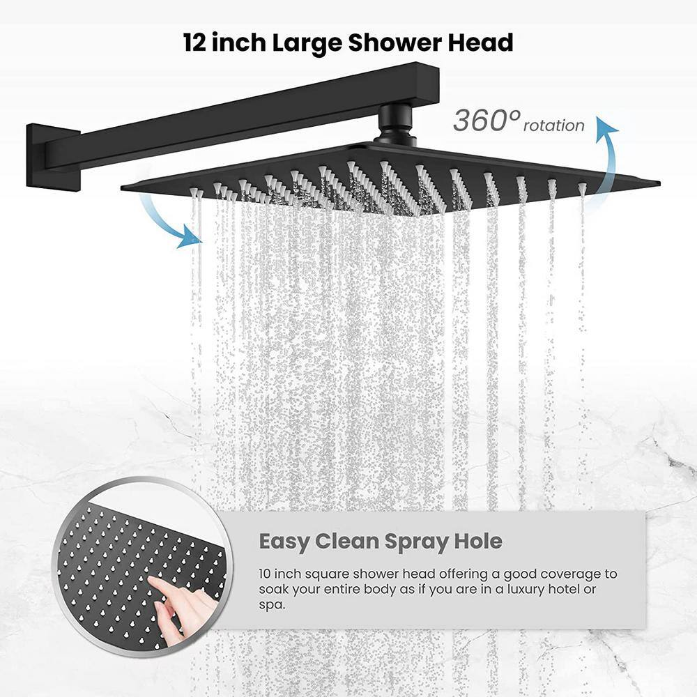 FORCLOVER 1-Spray Square High Pressure 12 in. Shower Head Brass Wall Bar Shower Kit with Hand Shower in Matte Black FRIMFTH24MB