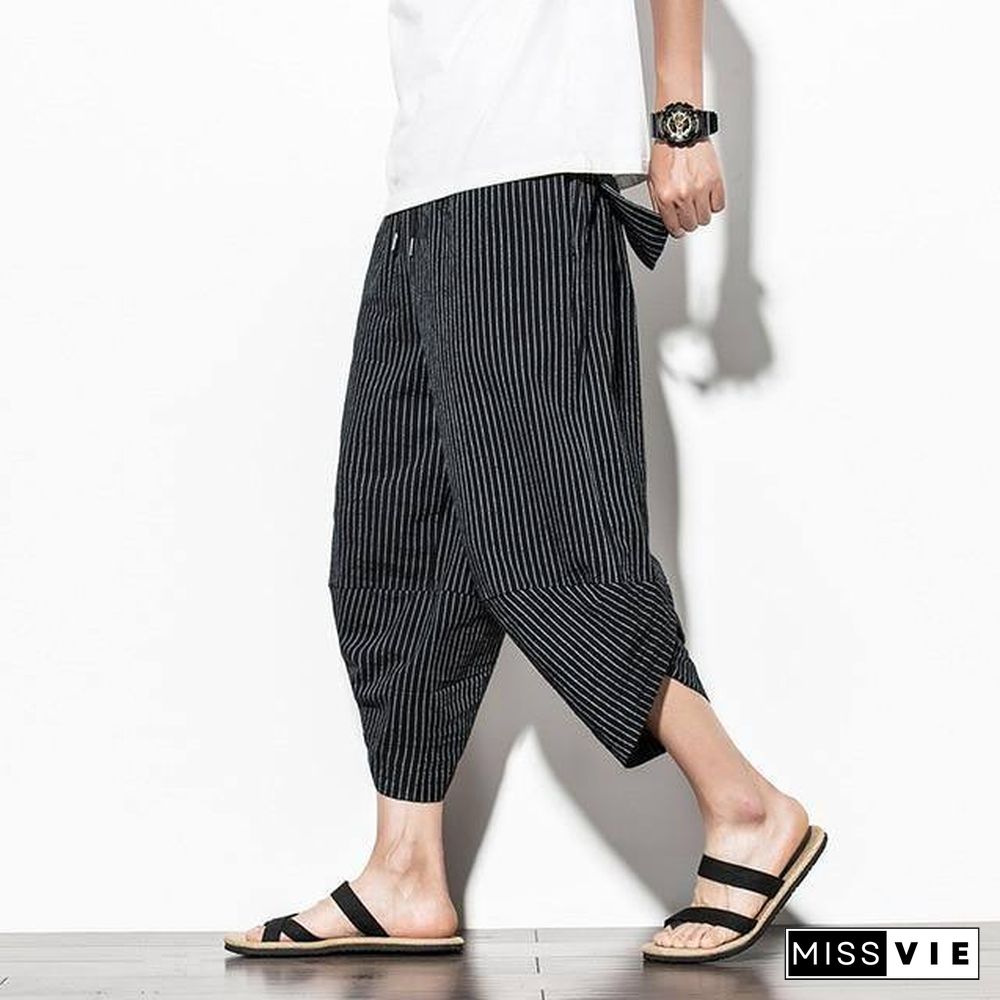 Baggy Cotton Harem Pants Men Summer Japanese Vintage Striped Men Women Hip Hop Plus Size Wide Leg Pants Pantalon