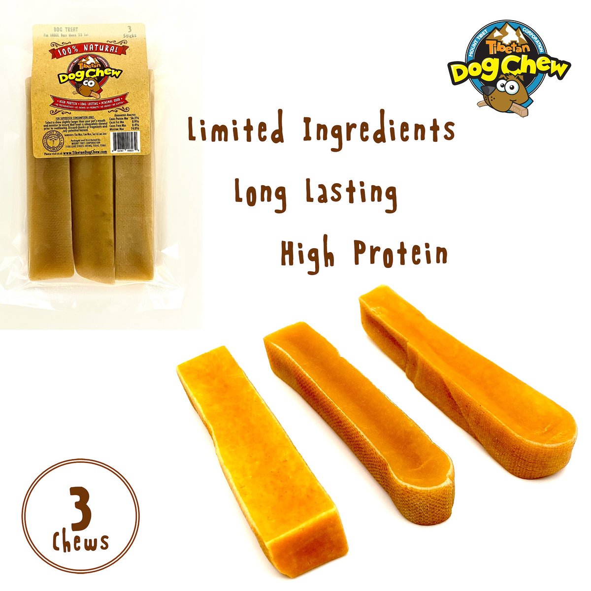 Tibetan Dog Chew Large Breed Grain-Free Sticks Dog Treats， 3 count