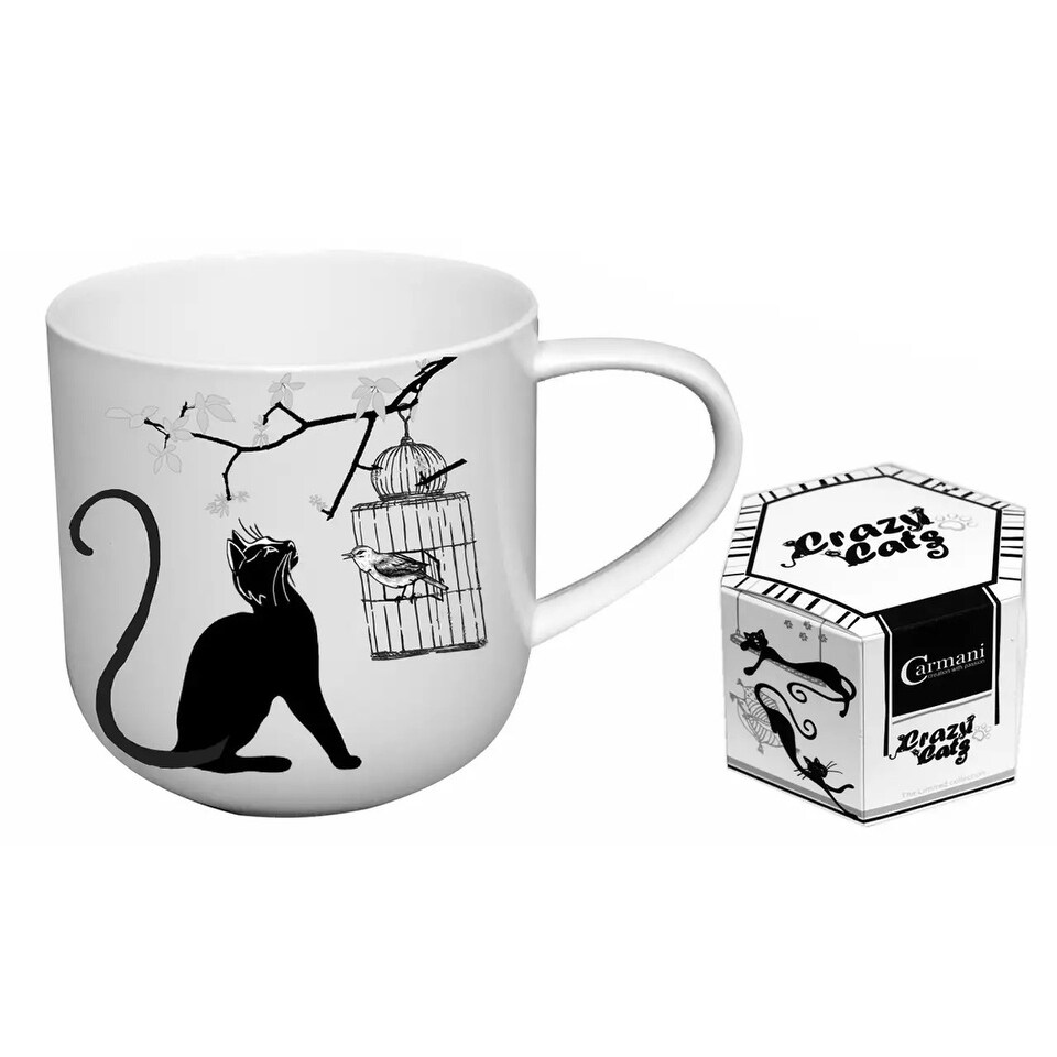 Carmani 16 oz Crazy Cats White Porcelain Mug in A Gift Box