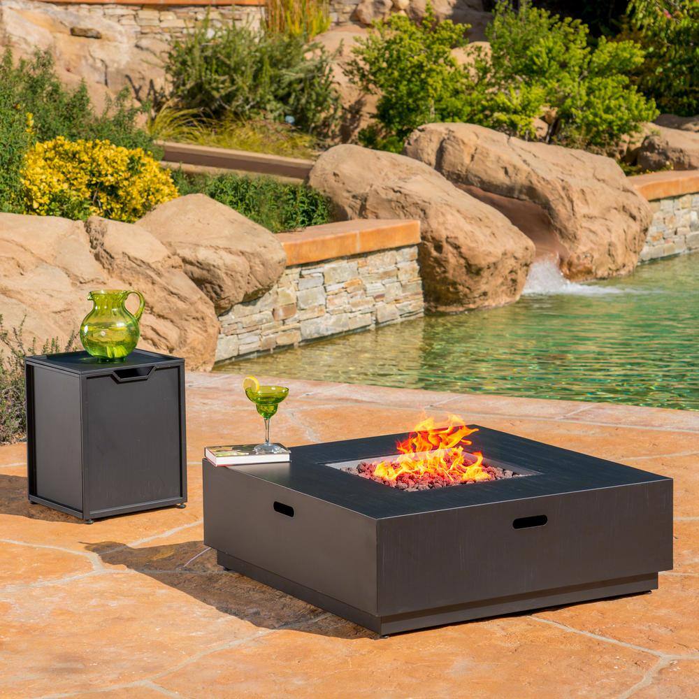 Noble House Abdullah 40 in. x 13.5 in. Square Iron Propane Fire Pit with Tank Holder 41422