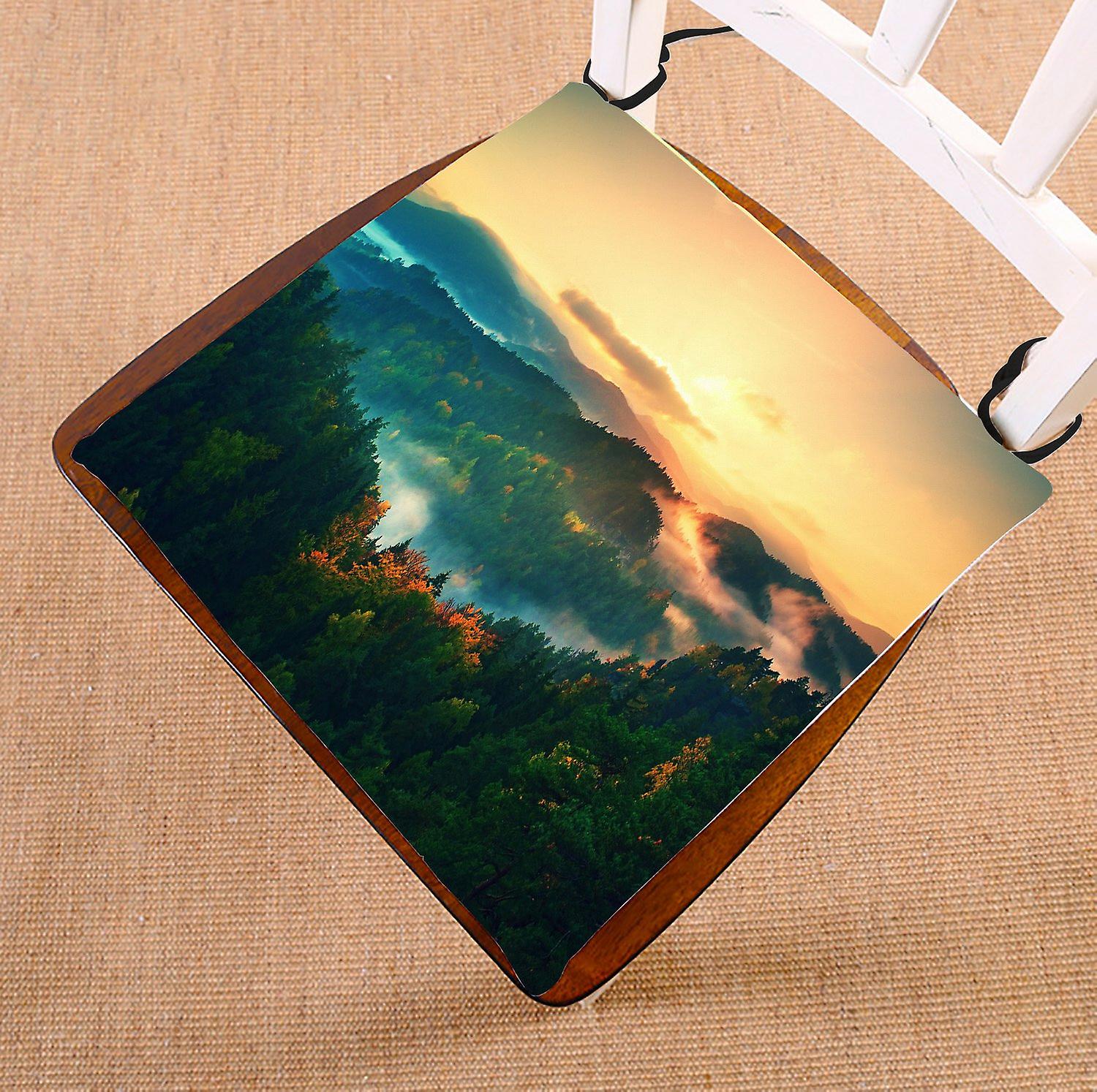 Landscape Scenery Chair Pad， Misty Pine Forest And Mountain In Autumn Nature Seat Cushion Chair Cushion Floor Cushion 40x40 Cm