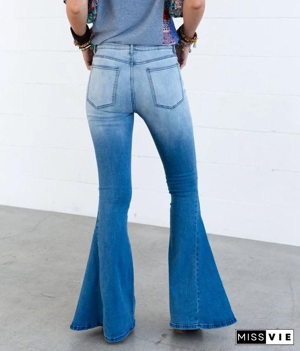 Women Gradient Color Denim Bell-Bottomed Pants