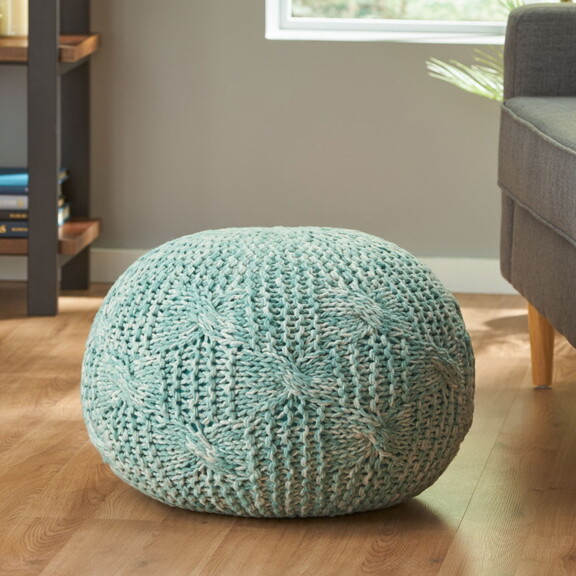 Deon Handcrafted Modern Fabric Weave Pouf  Aqua