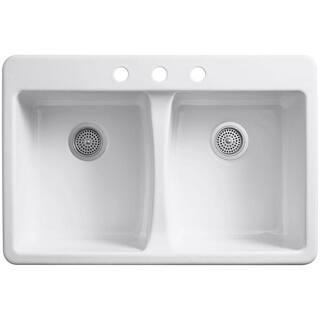 KOHLER Deerfield Drop-In Cast-Iron 33 in. 3-Hole Double Bowl Kitchen Sink in Biscuit K-5873-3-96