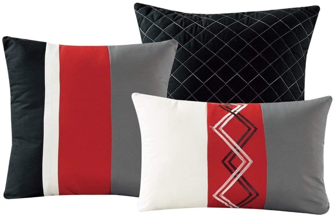 Chezmoi Collection 7-Piece Red/Black/Gray/White Modern Stripe Zigzag Embroidery Comforter Set， Queen