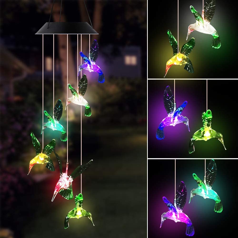 Amerteer Solar Hummingbird Wind Chime Color Changing Solar LED String Lights Outdoor Mobile Hanging Patio Light for Home， Patio， Garden， Yad， Porch， Window