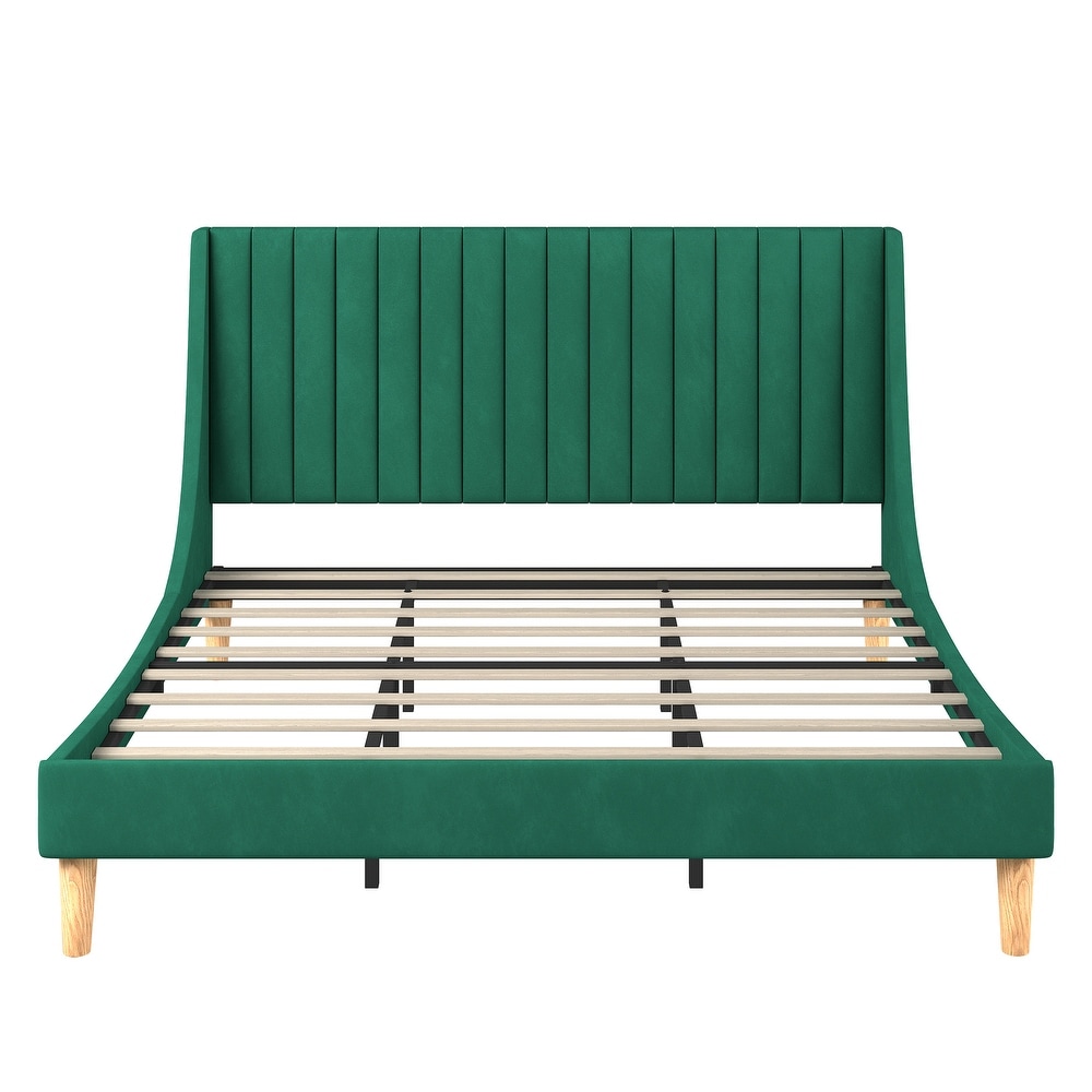 Clutter Free King Platform Bed Frame Wingback Upholstered Bed   Green