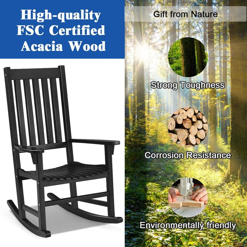 2 Pcs Acacia Wood Rocking Chairs High Back Outdoor Rocker for Porch Patio Lawn