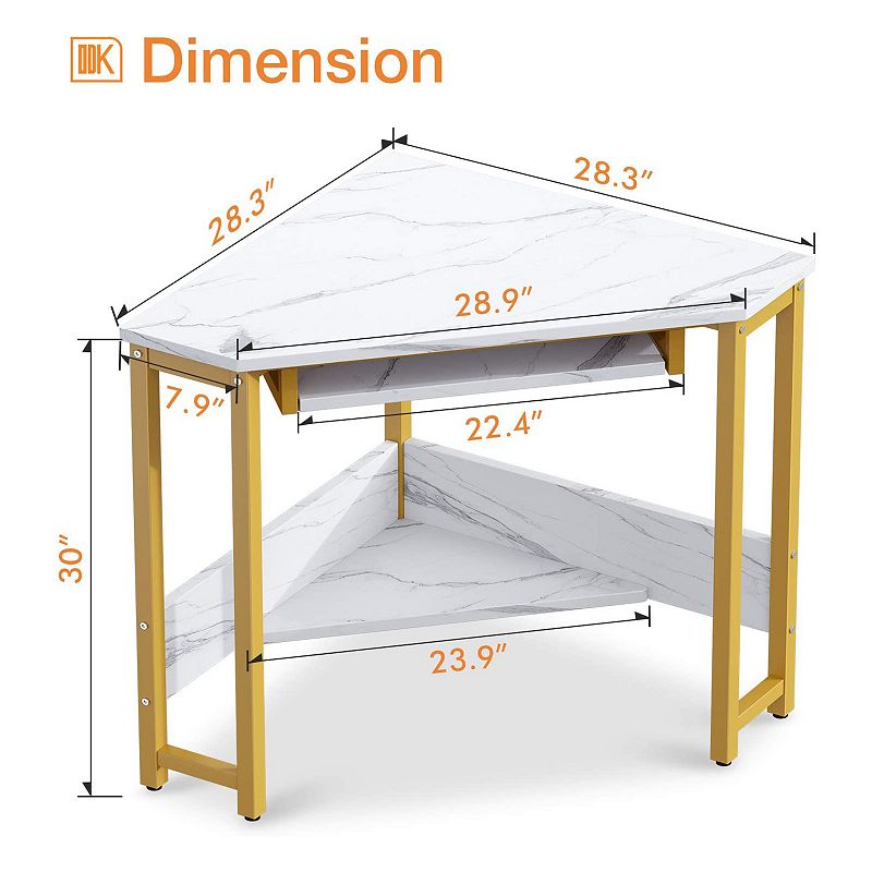 ODK Modern Triangle Corner Computer Desk with Smooth Keyboard Tray， Gold Marble