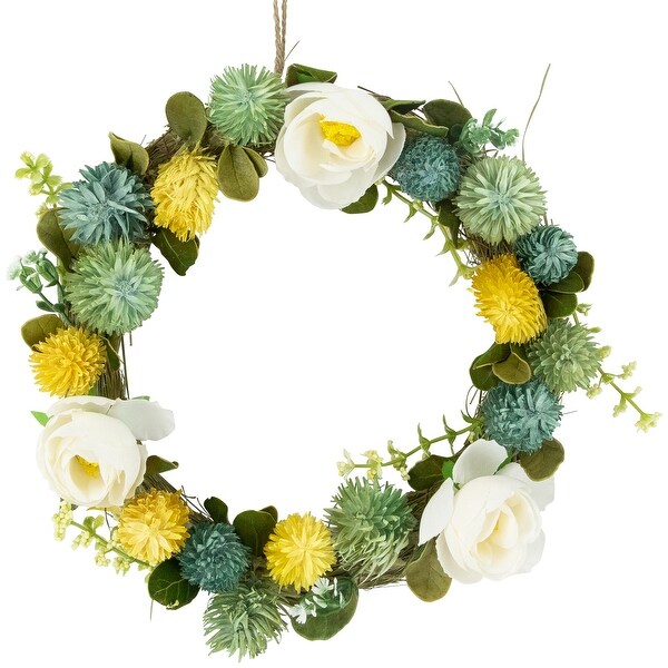 9 Cream Rose，Green and Yellow Thistle Hanging Spring Wreath