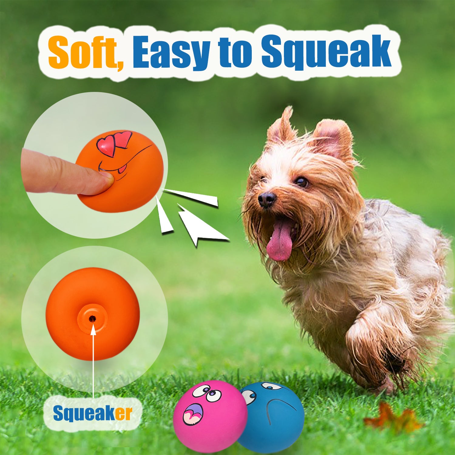 HOLYSTEED Squeaky Dog Toy for Small Dogs - Rubber Latex Squeaky Dog Ball， Smile Face Dog Squeaky Toys Flat 6pcs