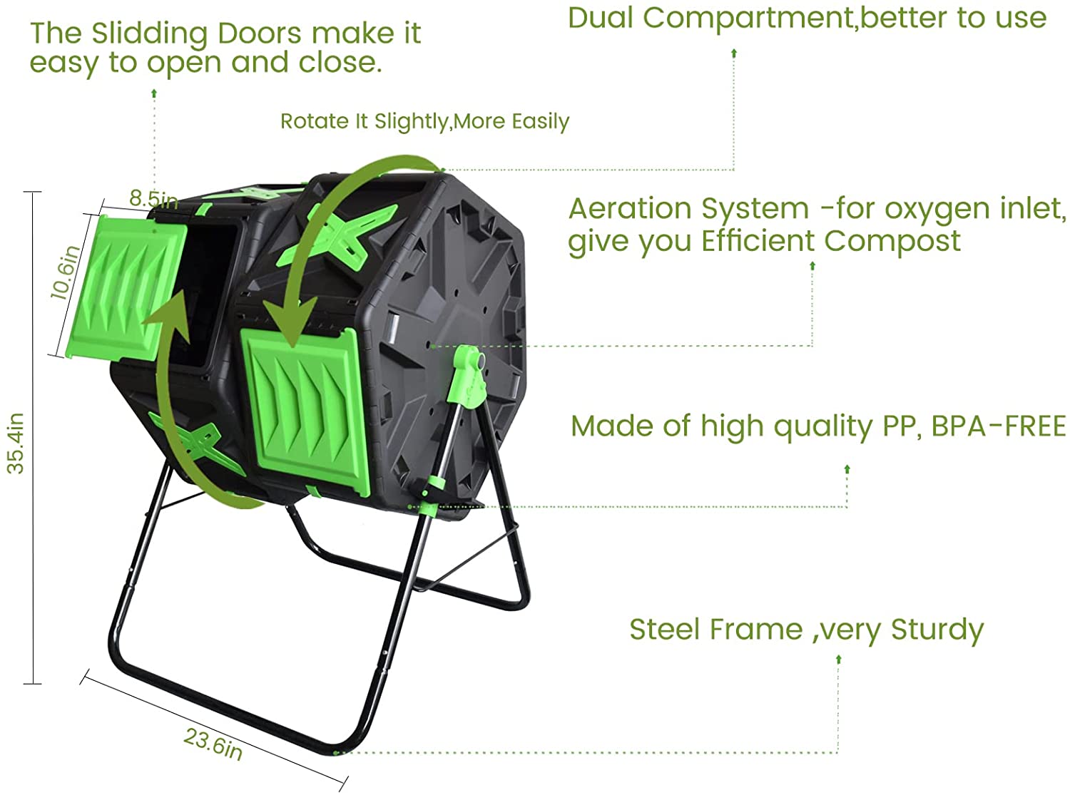 SQUEEZE master Large Dual Chamber Compost Bin Tumbler Outdoor Garden- Easy Rotating- Sturdy Steel Frame-Fast Composting (Green, 2 × 18.5 Gallon)