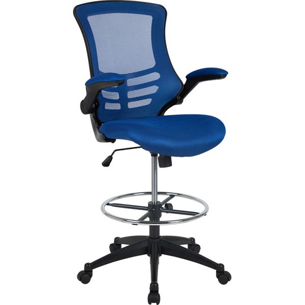 Kelista Mid-Back Blue Mesh Ergonomic Drafting Chair with Adjustable Foot Ring and Flip-Up Arms