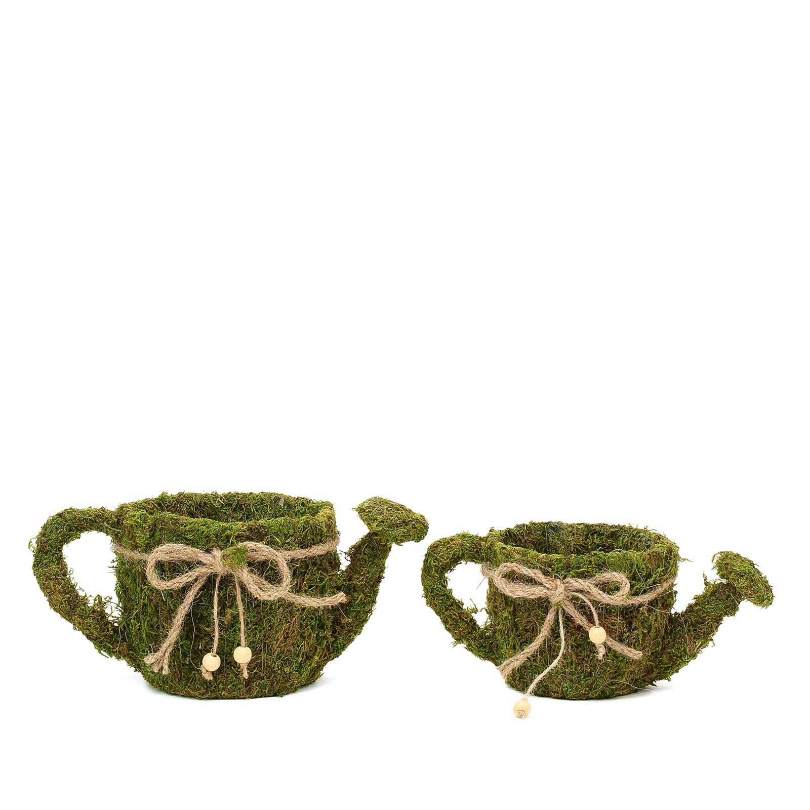 Efavormart Set of 2 |  Preserved Moss Watering Can Planter Box with Natural Braided Twine Bow - 11