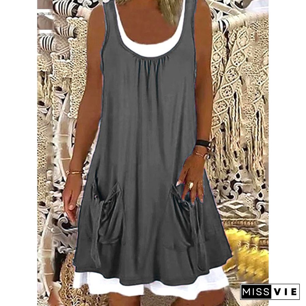 Xs-8Xl Summer Dress Plus Size Fashion Clothes Women's Casual Beach Wear Sleeveless Tank Top Dresses With Pockets Ladies Off Shoulder Stiching Layered Party Dress O-Neck Cotton Blending Loose Dress