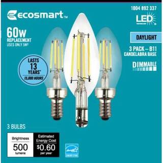 EcoSmart 60-Watt Equivalent B11 Dimmable E12 Candelabra ENERGY STAR Clear Glass LED Vintage Edison Light Bulb Daylight (3-Pack) FG-04077