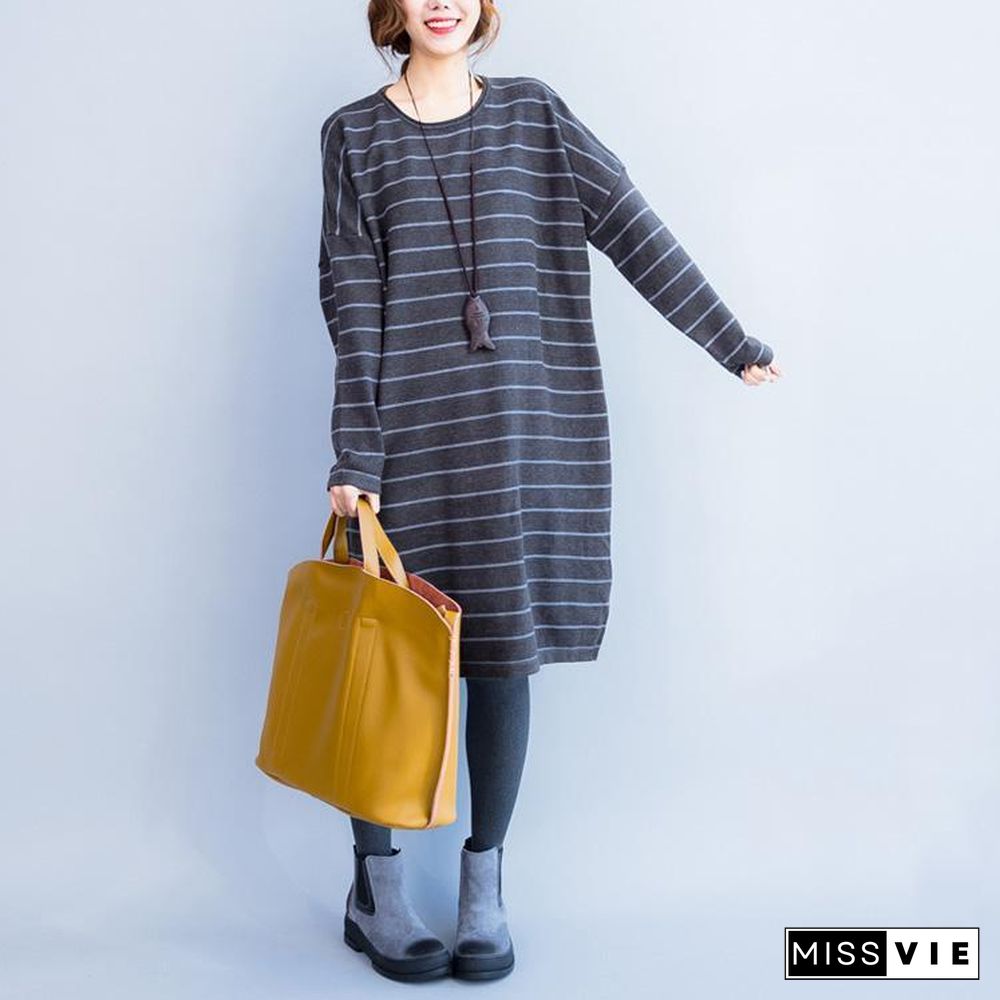 oversize gray striped knit dresses plus size women long sleeve sweater dress side open