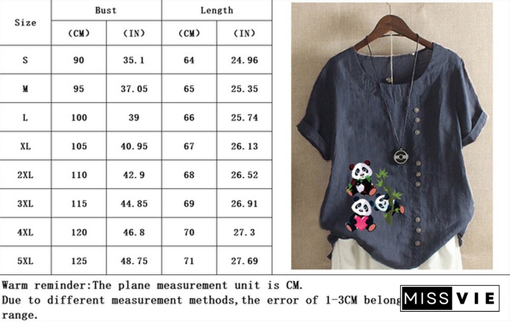 Women's Summer New Fashion Panda Print Round Neck Short-sleeved T-shirt Casual Loose Solid Color Shirt Top Plus Size