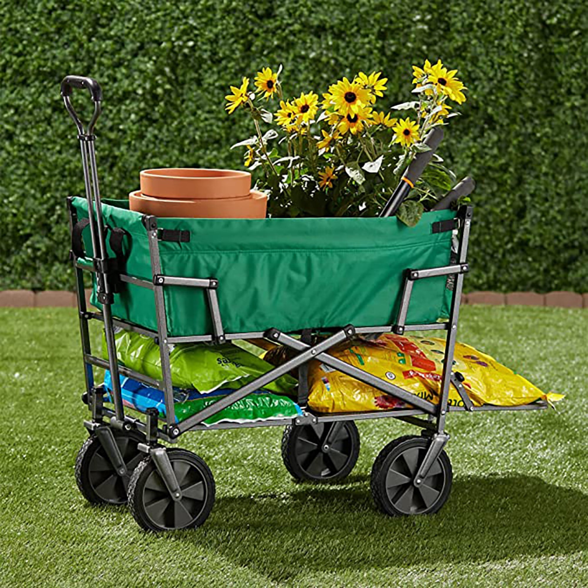 Mac Sports Double Decker Wagon: Green - Collapsible Outdoor Utility Garden Cart, 150 Lb Capacity, 32.5 x 17.5 x 10.5"