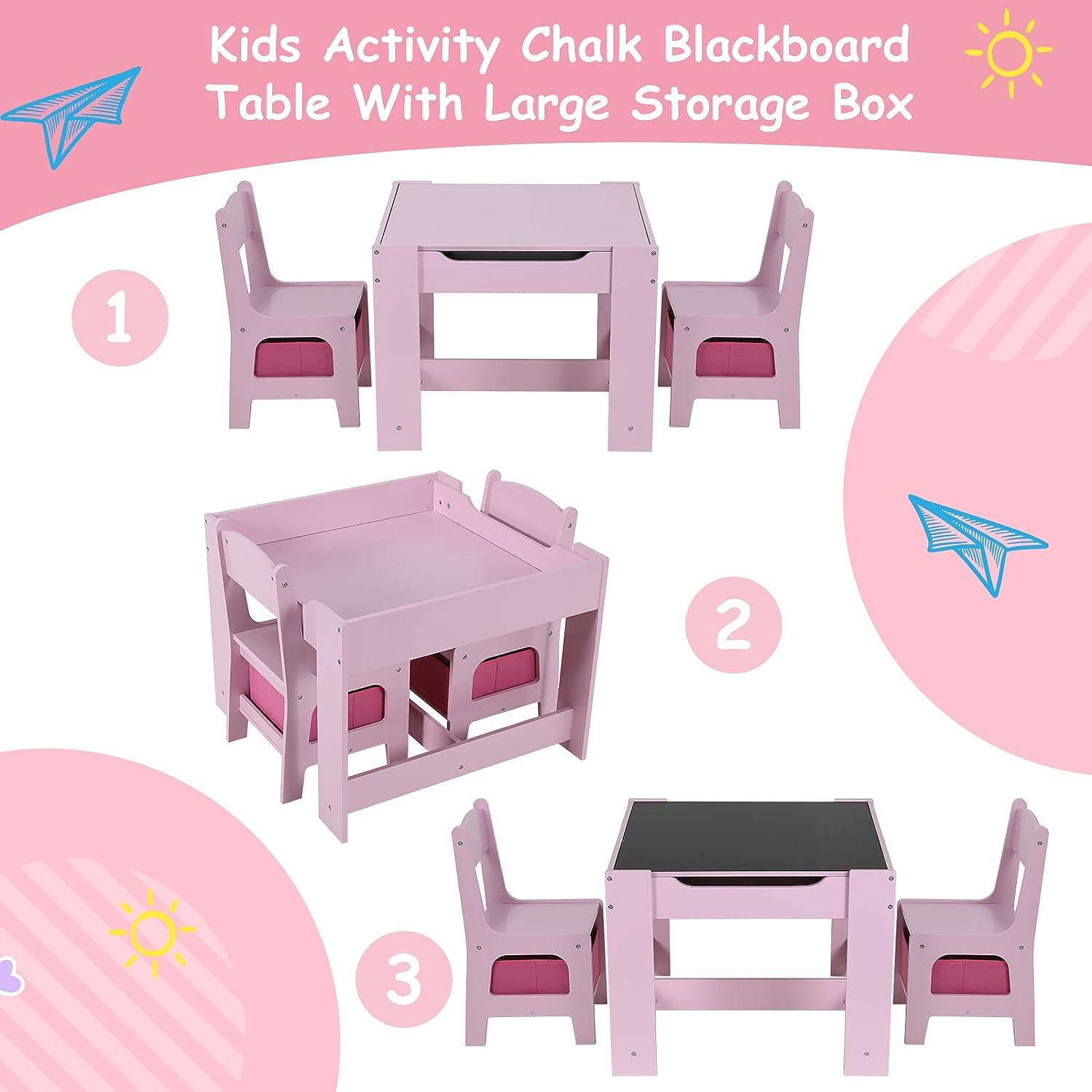 Kids Table and Chairs Set with Storage Drawers, Drawing Black Board Desk