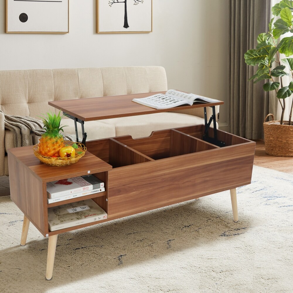 Modern Lift Top Coffee Table  Solid Wood Dining Table with Hidden Compartment and Adjustable Storage Shelf