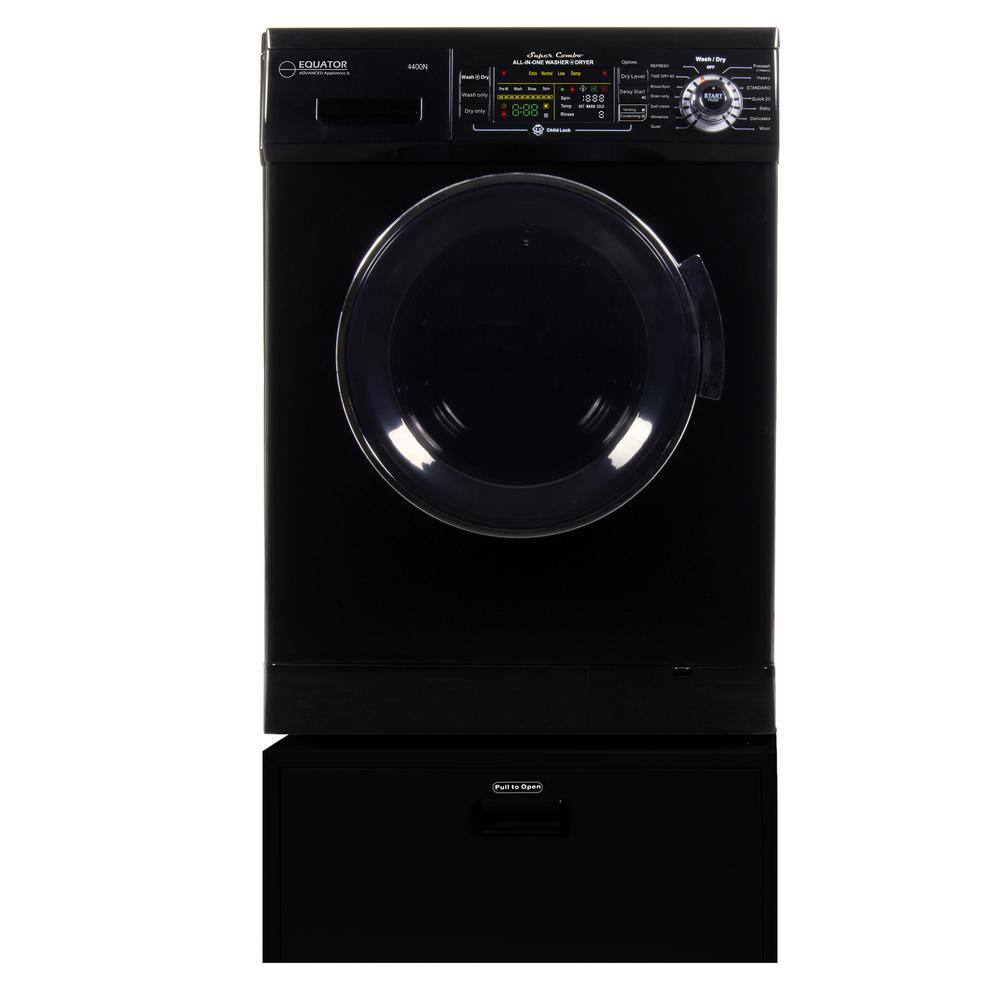 EQUATOR ADVANCED Appliances 1.57 cu. ft. 23.5 in. High -Efficiency VentedVentless Electric All-in-One Washer Dryer Combo with Pedestal in Black 4400 NB+PDL