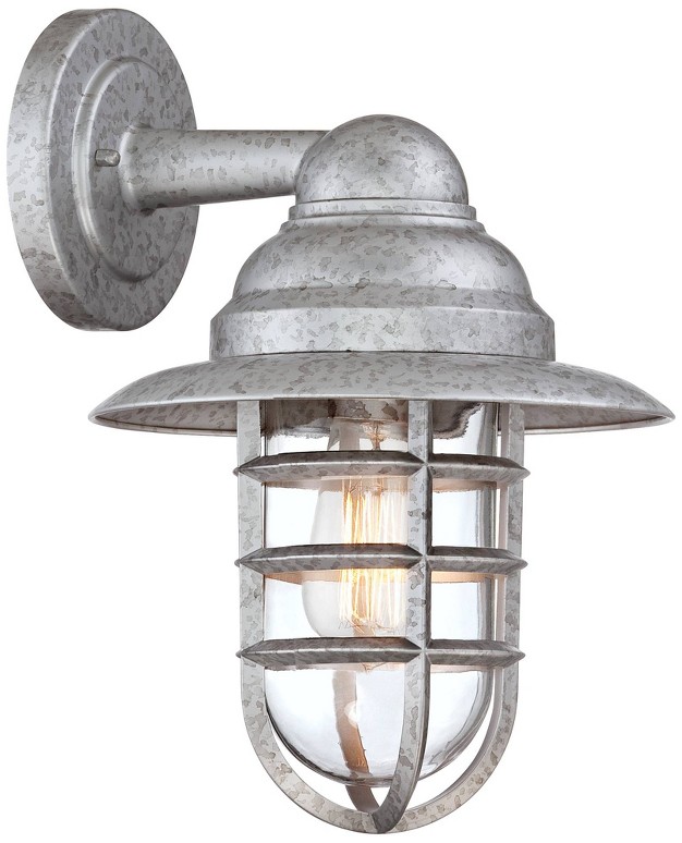 High Farmhouse Rustic Hooded Cage Outdoor Wall Light Fixture Mount Porch House Set Of 2 Galvanized Clear Glass Shade