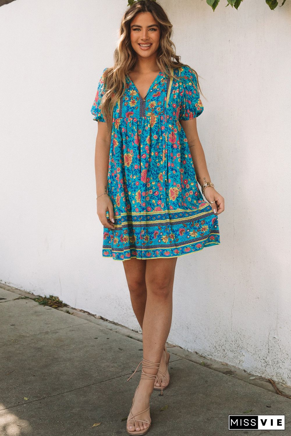 Blue Floral Print Empire Waist Flowy Dress