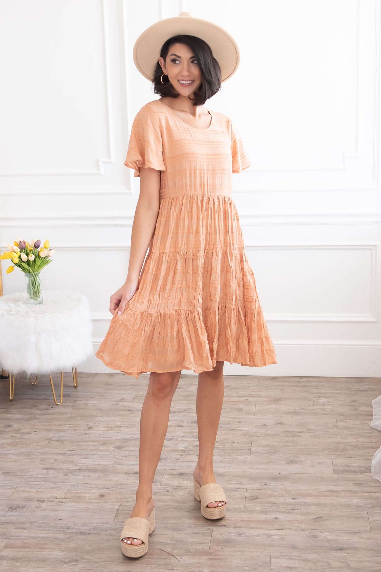 Short Sleeve Midi Dress-Apricot