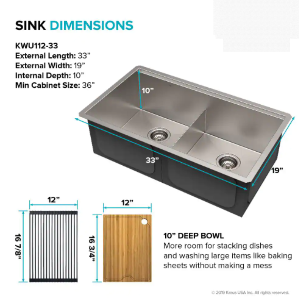 Kraus Kore Workstation 33 in. Stainless Steel Undermount Double Bowl Kitchen Sink w/ Integrated Ledge and Accessories