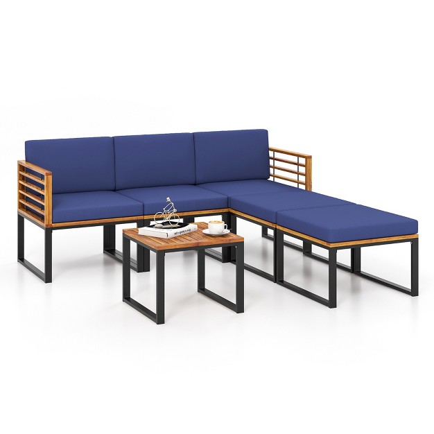 Costway 6pcs Patio Acacia Wood Conversation Sofa Seat Set Ottomans Table Outdoor Navy