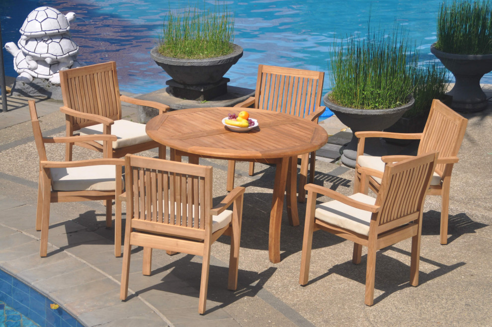 7 Piece Outdoor Teak Dining Set  48 quotRound Table  6 Leveb Stacking Arm Chairs   Transitional   Outdoor Dining Sets   by Teak Deals  Houzz