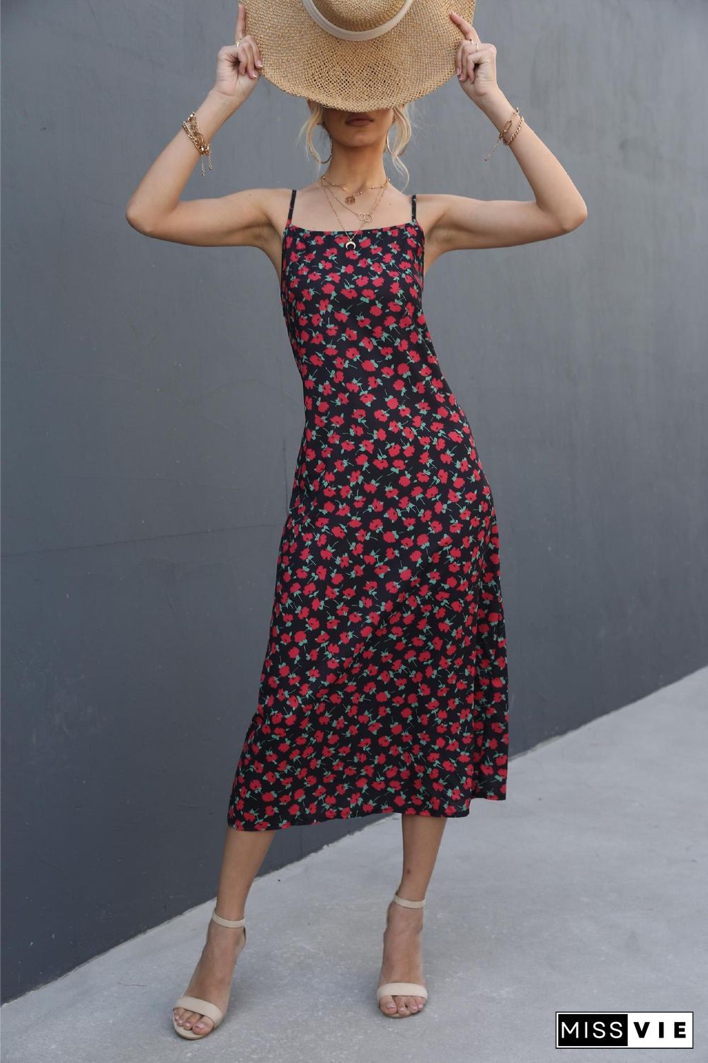 Red Flower Print Spaghetti Dress Wholesale