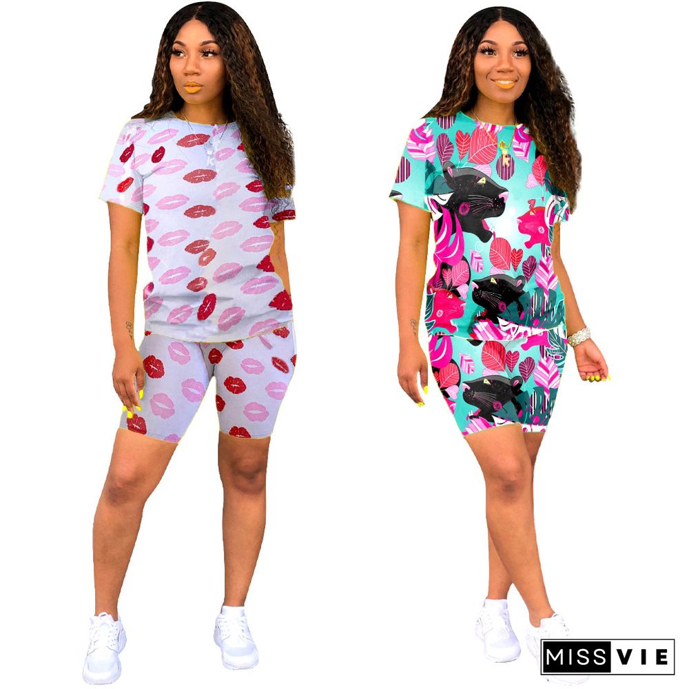 Stylish Printed Round Collar Tees With Skinny Shorts 2 Pieces