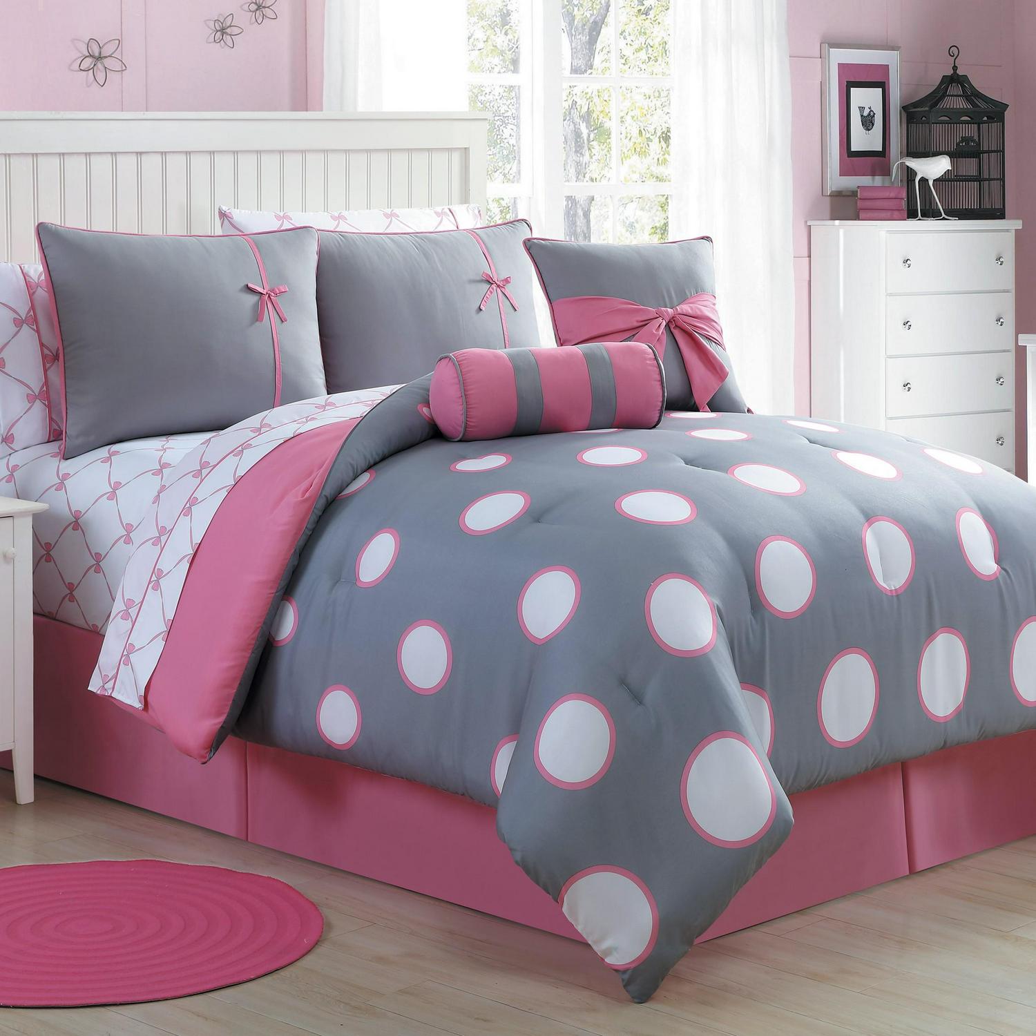 VCNY Home Sophie 8-Piece Grey/Pink Polka Dot Bed in a Bag， Twin