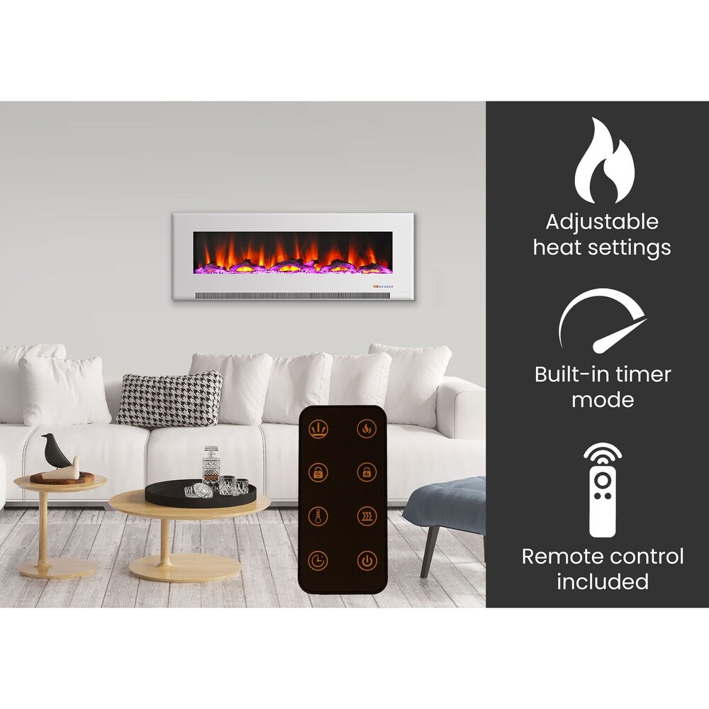 Hanover 60 In. Wall Mount Electric Fireplace in White with Multi Color Flames and Driftwood Log Display