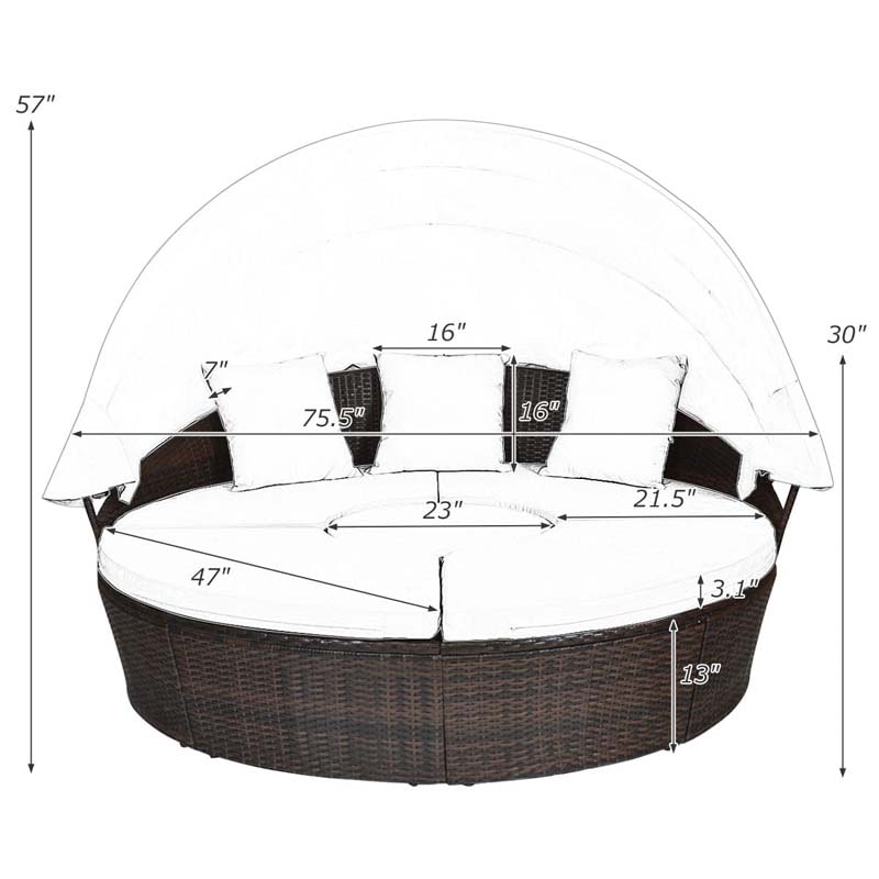 Rattan Wicker Patio Round Daybed with Retractable Canopy & Coffee Table, Outdoor Sectional Furniture Sofa Set