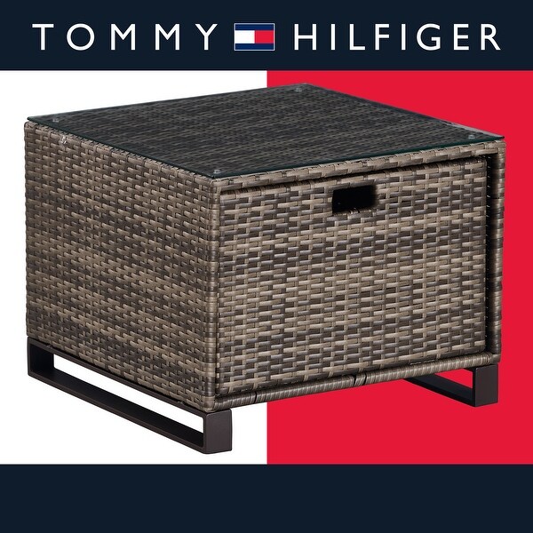 Tommy Hilfiger Oceanside Outdoor Side Table with Storage，Coastal Gray Wicker